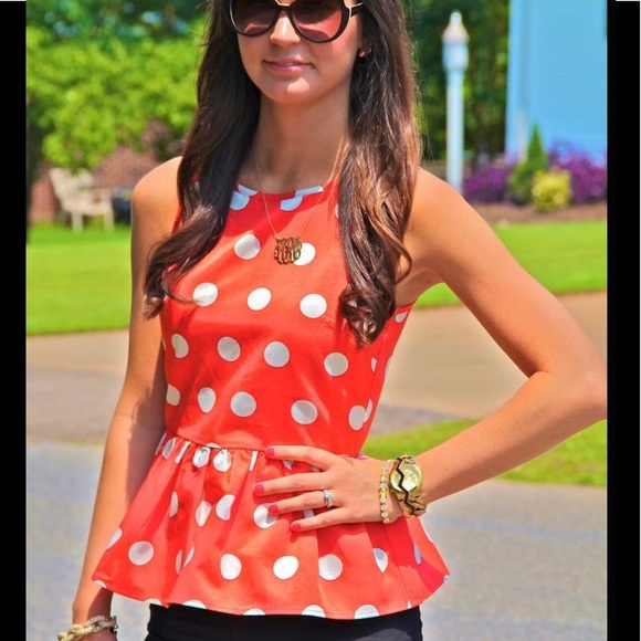 Asos red white polka dot print peplum tank top blouse flare sleeveless shell - Picture 5 of 5